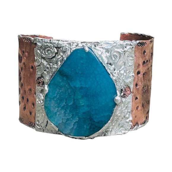 Rustic Copper & Silver Hammered Cuff Bracelet W/ Blue Agate Teardrop Gemstone - Picture 9 of 16